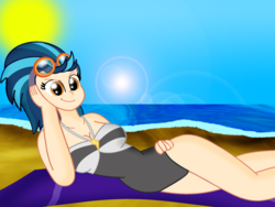 Size: 2962x2223 | Tagged: safe, artist:cyber-murph, indigo zap, equestria girls, g4, my little pony equestria girls: friendship games, bad anatomy, beach, breasts, cleavage, clothes, cute, draw me like one of your french girls, female, high res, on side, one-piece swimsuit, pose, solo, swimsuit, towel