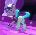 Size: 149x146 | Tagged: safe, screencap, azure velour, earth pony, pony, g4, the saddle row review, ^^, animated, ass-ure velour, azurebutt, background pony, butt, butt shake, clothes, cute, dancing, eyes closed, female, flank spin, gif, gif for breezies, hat, mare, pants, picture for breezies, plot, smiling, solo, tail twirl, twerking