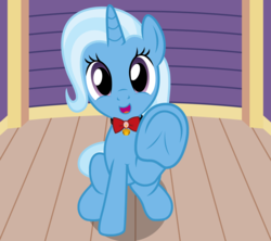 Size: 3300x2930 | Tagged: safe, artist:badumsquish, derpibooru exclusive, trixie, pony, unicorn, g4, bell, bow, collar, female, frog (hoof), grin, happy, high res, looking at you, raised hoof, sitting, smiling, solo, trixie's wagon, underhoof