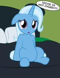 Size: 2550x3300 | Tagged: safe, artist:badumsquish, derpibooru exclusive, trixie, pony, unicorn, g4, bed, blatant lies, chubby, cute, dialogue, diatrixes, featureless crotch, female, high res, insecure, sad, sitting, solo, talking to viewer