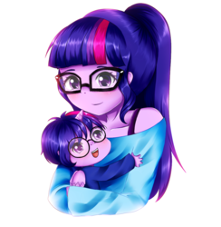 Size: 1000x1025 | Tagged: safe, artist:electricshine, sci-twi, twilight sparkle, oc, oc:brilliant light, pony, equestria girls, g4, alicornified, bust, clothes, duality, female, glasses, horn, horned humanization, hug, open mouth, ponytail, race swap, sci-twilicorn, self adoption, self paradox, simple background, smiling, white background, winged humanization, wings, younger
