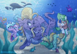Size: 1024x724 | Tagged: safe, artist:inuhoshi-to-darkpen, steven magnet, oc, fish, merpony, sea serpent, whale, g4, fangs, group, one eye closed, open mouth, sand, seaweed, signature, swimming, underwater, water, wink