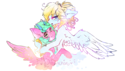 Size: 3840x2180 | Tagged: safe, artist:chocori, oc, oc only, pegasus, pony, duo, female, floppy ears, high res, horn, hug, looking at you, looking back, mare, simple background, smiling, transparent background