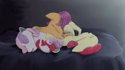 Size: 865x488 | Tagged: safe, artist:chopsticks, apple bloom, scootaloo, sweetie belle, earth pony, pegasus, pony, unicorn, g4, animated, bed, chopsticks is trying to murder us, cuddle puddle, cuddling, cute, cutie mark crusaders, ear flick, eyes closed, female, filly, gif, gradient background, hnnng, i watch it for the ears, open mouth, pony pile, pony pillow, ruffled feathers, sleeping, sweet dreams fuel, wing twitch