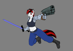 Size: 707x500 | Tagged: safe, artist:wwredgrave, oc, oc only, oc:blackjack, anthro, fallout equestria, fallout equestria: project horizons, belt, clothes, female, gray background, gun, midriff, pants, simple background, solo, sword, weapon