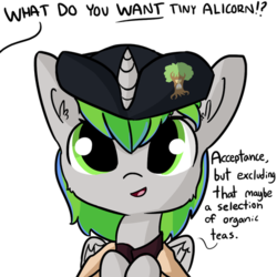 Size: 475x475 | Tagged: safe, artist:tjpones, oc, oc only, oc:tree time, alicorn, pony, alicorn oc, hat, offscreen character, simple background, what do you want, white background