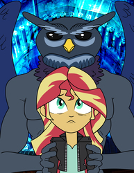 Size: 2550x3300 | Tagged: safe, artist:feroxultrus, sunset shimmer, demon, humanoid, owl, fanfic:the siren's remorse, equestria girls, g4, abs, andras, black sclera, clothes, commander, duo, fanfic, fanfic art, fear, feather, female, frown, goetia, hell, high res, jacket, looking up, male, possession, scruffy, spread wings, wings, worried
