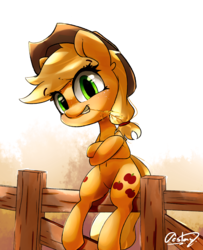 Size: 4062x5000 | Tagged: safe, artist:luxaestas, applejack, earth pony, pony, g4, absurd resolution, belly button, cowboy hat, crossed hooves, female, fence, freckles, grin, gritted teeth, hat, looking at you, mare, signature, sitting, smiling, solo, stetson