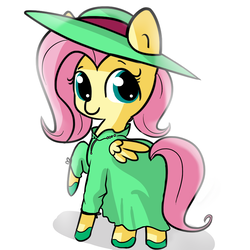 Size: 1280x1280 | Tagged: safe, artist:tjpones, fluttershy, pegasus, pony, g4, butt, clothes, dress, female, hat, looking at you, mare, plot, raised hoof, raised leg, shoes, simple background, smiling, solo, white background