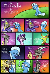 Size: 3900x5700 | Tagged: safe, artist:poecillia-gracilis19, discord, starlight glimmer, thorax, trixie, changedling, changeling, draconequus, pony, unicorn, g4, absurd resolution, comic, dialogue, eyes closed, fangs, female, frown, grass, gritted teeth, heartwarming, hill, king thorax, looking at each other, looking down, looking up, male, mare, open mouth, pointing, reformed four, sad, sitting, smiling, speech bubble, sunset