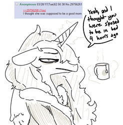 Size: 1135x1154 | Tagged: safe, artist:nobody, princess celestia, alicorn, pony, g4, 4chan, bathrobe, clothes, dialogue, female, food, magic, mare, momlestia, mug, robe, solo, tea, telekinesis, tired