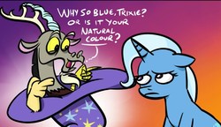 Size: 559x322 | Tagged: safe, artist:poecillia-gracilis19, edit, discord, trixie, pony, unicorn, g4, annoyed, blue, clothes, cropped, cute, dialogue, duo, female, funny, hat, mare, pun, trixie's hat, visual pun