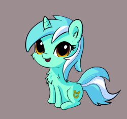 Size: 1354x1268 | Tagged: safe, anonymous artist, lyra heartstrings, pony, unicorn, g4, brown background, cheek fluff, chest fluff, chibi, ear fluff, female, looking at you, open mouth, simple background, sitting, smiling, solo