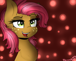 Size: 1280x1024 | Tagged: safe, artist:thegreycheetah11, babs seed, earth pony, pony, g4, female, freckles, open mouth, signature, smiling, solo