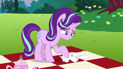 Size: 1920x1080 | Tagged: safe, screencap, angel bunny, starlight glimmer, pony, g4, no second prances, 1080p, angelbetes, bellyrubs, cute, female, glimmerbetes, grin, lidded eyes, male, on back, open mouth, picnic blanket, smiling, starlight is a bunny fondler, teapot