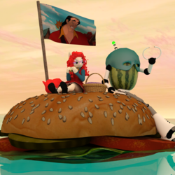 Size: 2000x2000 | Tagged: safe, artist:tahublade7, twist, robot, anthro, plantigrade anthro, g4, 3d, beauty and the beast, boat, boat burger, burger, cheeseburger, clothes, dress, eating, flag, food, gaston legume, glasses, hamburger, high res, mary janes, mask, ocean, panties, picnic blanket, sail on sailor, sandwich, shoes, skirt, skirt lift, socks, the inner machinations of my mind are an enigma, underwear, upskirt, wat, watermelon
