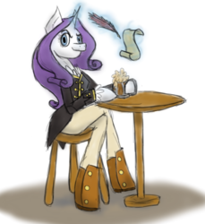 Size: 685x748 | Tagged: safe, artist:kartase, rarity, anthro, unguligrade anthro, the count of monte rainbow, g4, chair, clothes, crossed legs, crossover, feather, female, levitation, magic, mug, pants, pen, rarifort, scroll, sitting, solo, table, telekinesis, the count of monte cristo, villefort