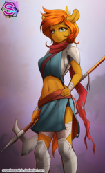Size: 1000x1643 | Tagged: safe, artist:sugarlesspaints, oc, oc only, oc:camber, earth pony, anthro, armor, axe, bandage, belly button, clothes, colored, female, halberd, hand on hip, mare, midriff, patreon, polearm, request, scarf, side slit, sketch, solo, unconvincing armor, weapon
