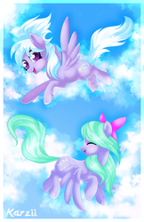 Size: 800x1236 | Tagged: safe, artist:karzii, cloudchaser, flitter, g4, bow, cloud, duo, flying, hair bow