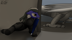 Size: 2281x1278 | Tagged: safe, artist:the-furry-railfan, oc, oc only, oc:static charge, dragon, robot, fallout equestria, fallout equestria: empty quiver, bandana, metal gear solid, mouth hold, sneaking, stealth suit, taser, umbrella