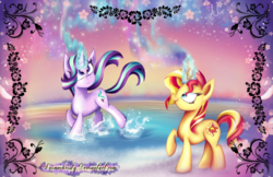 Size: 1024x663 | Tagged: safe, artist:animechristy, part of a set, starlight glimmer, sunset shimmer, pony, unicorn, g4, cute, female, hibiscus, magic, scenery, seasons, signature, sparkles, summer, water