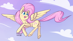 Size: 3595x2035 | Tagged: safe, artist:dsp2003, fluttershy, pegasus, pony, g4, cloud, cute, featureless crotch, female, flying, frog (hoof), heart eyes, high res, open mouth, shyabetes, solo, underhoof, wingding eyes