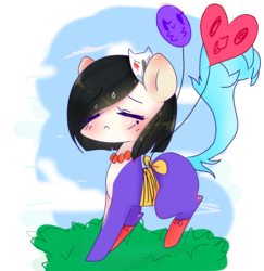 Size: 1602x1646 | Tagged: safe, artist:windymils, oc, oc only, earth pony, pony, balloon, blushing, cloud, commission, eyes closed, female, grass, mare, mask, sky, solo