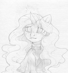 Size: 1111x1195 | Tagged: safe, artist:share dast, oc, oc only, pony, unicorn, clothes, female, mare, monochrome, pencil drawing, solo, sweater, traditional art
