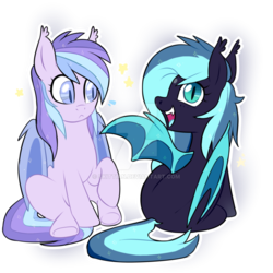 Size: 1024x1024 | Tagged: safe, artist:sugguk, oc, oc only, oc:sparkling jade, oc:spectrum lights, bat pony, pony, female, mare, obtrusive watermark, one wing out, simple background, sitting, transparent background, watermark