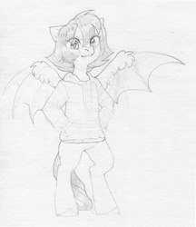 Size: 1555x1801 | Tagged: safe, artist:share dast, oc, oc only, bat pony, pony, bat pony oc, bipedal, clothes, female, mare, monochrome, pencil drawing, solo, standing, traditional art