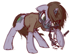 Size: 821x628 | Tagged: safe, artist:inlucidreverie, oc, oc only, oc:littlepip, pony, unicorn, fallout equestria, bolt cutter, chains, crossover, fanfic, fanfic art, female, horn, horn ring, mad max, mad max fury road, magic suppression, mare, muzzle, simple background, solo, white background