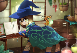 Size: 970x666 | Tagged: safe, artist:mr-tiaa, oc, oc only, oc:sorrel, oc:wizdiana, earth pony, pony, book, cape, clothes, female, hat, mare, mouth hold, potion, table, wand, witch hat