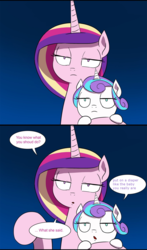 Size: 1345x2292 | Tagged: safe, artist:doublewbrothers, edit, princess cadance, princess flurry heart, comic:luna land, g4, cadance is not amused, cropped, flurry heart is not amused, irony, meme, misspelling, reaction image, take that, unamused