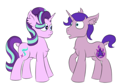 Size: 1300x900 | Tagged: safe, artist:raktor, derpibooru exclusive, starlight glimmer, oc, oc:northern flame, pony, unicorn, g4, awkward, chest fluff, ear fluff, female, look-alike, male, mare, simple background, stallion, transparent background