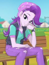 Size: 880x1170 | Tagged: safe, artist:ta-na, starlight glimmer, equestria girls, equestria girls specials, g4, my little pony equestria girls: mirror magic, bench, clothes, cute, eyeshadow, female, glimmerbetes, houses, looking at you, makeup, pants, shirt, smiling, solo, vest, watch, wristwatch