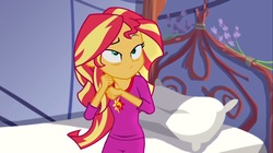 Size: 1100x618 | Tagged: safe, screencap, sunset shimmer, equestria girls, g4, my little pony equestria girls: legend of everfree, bags under eyes, clothes, female, pajamas, solo