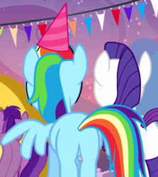 Size: 604x678 | Tagged: safe, screencap, rainbow dash, rarity, pony, g4, pinkie pride, butt, cropped, female, hat, mare, party hat, plot