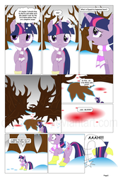 Size: 864x1297 | Tagged: safe, artist:dekomaru, twilight sparkle, comic:the greatest gift, g4, artifact, blood, clothes, comic, scarf, snow, tree, winter