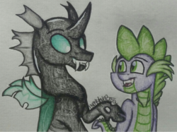 Size: 1080x808 | Tagged: safe, artist:raritylover152, spike, thorax, changeling, dragon, g4, duo, fangs, friends, open mouth, simple background, smiling, traditional art