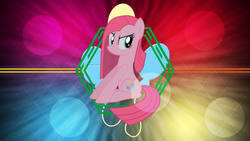 Size: 7680x4320 | Tagged: safe, artist:jennieoo, artist:laszlvfx, edit, pinkie pie, earth pony, pony, g4, party of one, absurd resolution, female, looking back, mare, pinkamena diane pie, show accurate, sitting, solo, wallpaper, wallpaper edit