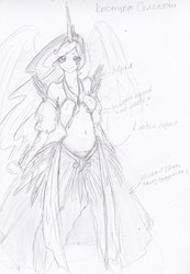 Size: 418x604 | Tagged: safe, artist:wild-paper, princess celestia, human, g4, clothes, crown, female, horn, horned humanization, humanized, jewelry, looking at you, necklace, regalia, russian, sketch, smiling, solo, text, traditional art