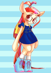 Size: 2039x2894 | Tagged: safe, artist:unousaya, moondancer, pony, unicorn, semi-anthro, g4, arm hooves, backpack, bipedal, clothes, cute, female, glasses, high res, looking at you, mare, meganekko, shirt, shoes, smiling, sneakers, solo
