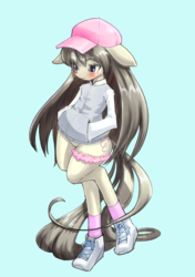 Size: 2039x2894 | Tagged: safe, artist:unousaya, octavia melody, earth pony, anthro, g4, bipedal, blue background, blushing, clothes, female, floppy ears, garter, hat, high res, jacket, lace, mare, shoes, simple background, sneakers, socks, solo, sweater, teal background, varsity jacket