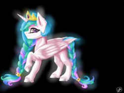Size: 1024x768 | Tagged: safe, artist:lantoor, princess celestia, alicorn, pony, g4, alternate hairstyle, black background, crown, female, jewelry, looking at you, regalia, simple background, solo