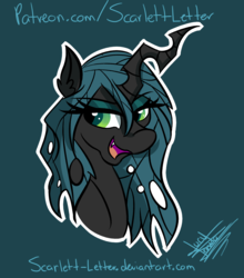 Size: 1984x2258 | Tagged: safe, artist:scarlett-letter, queen chrysalis, changeling, changeling queen, g4, bust, female, open mouth, portrait, simple background, smiling, solo