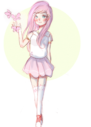 Size: 2000x2777 | Tagged: safe, artist:mavis-corona, fluttershy, butterfly, human, g4, blushing, cat socks, clothes, converse, cute, female, flower, flower in hair, high res, humanized, shirt, shoes, skirt, sneakers, socks, solo, thigh highs