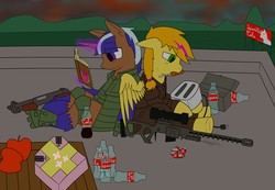 Size: 1280x886 | Tagged: safe, artist:aurumluxetal, oc, oc only, oc:night letter, oc:obsolete tech, pegasus, pony, fallout equestria, gun, rifle, shotgun, sniper, sparkle cola, story, story included, toaster, weapon