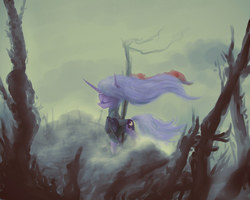 Size: 3000x2400 | Tagged: safe, artist:plotcore, princess luna, g4, armor, clothes, dead tree, eyes closed, female, flowing mane, fog, high res, profile, solo, tree, windswept mane