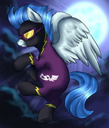 Size: 1020x1200 | Tagged: safe, artist:not-ordinary-pony, nightshade, g4, clothes, cloud, costume, crepuscular rays, female, flying, frown, moon, moonlight, shadowbolts costume, shadowbolts uniform, solo