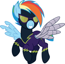 Size: 5626x5607 | Tagged: safe, artist:osipush, rainbow dash, pegasus, pony, g4, absurd resolution, alternate timeline, alternate universe, amputee, apocalypse dash, augmented, clothes, costume, crystal war timeline, evil, evil grin, female, goggles, grin, prosthetic limb, prosthetic wing, prosthetics, shadowbolt dash, shadowbolts costume, simple background, smiling, solo, torn ear, transparent background